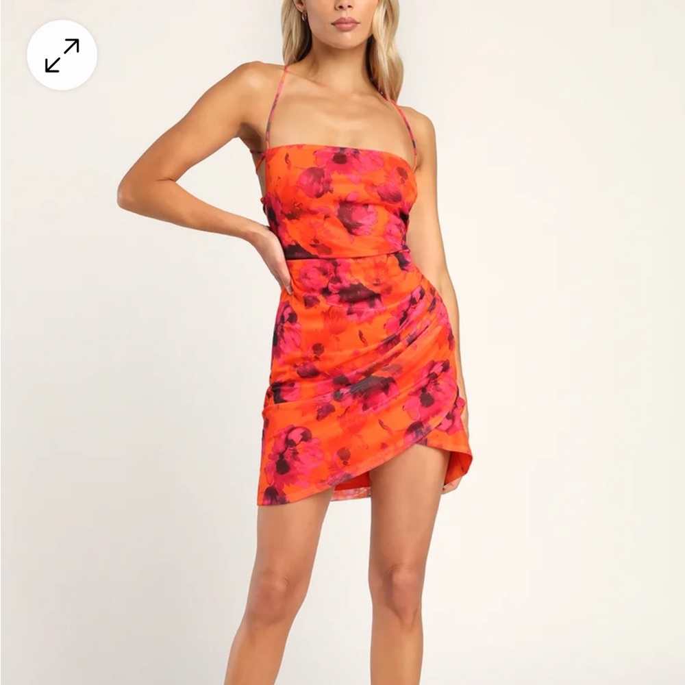 Lulus Heart on Fire Orange Floral Print Backless Lace-Up Mini Dress NWT